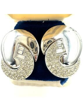 Art Deco 1980s vintage silver tone clear rhinestones statement post earrings